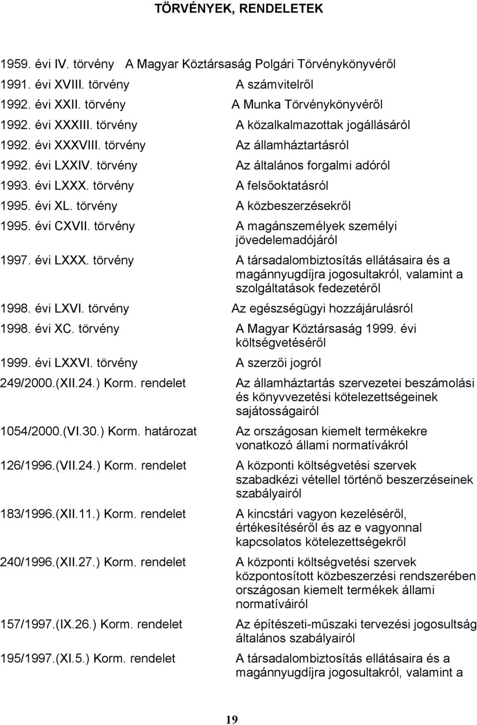 törvény A közbeszerzésekről 1995. évi CXVII. törvény A magánszemélyek személyi jövedelemadójáról 1997. évi LXXX.