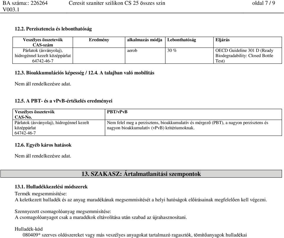 2. Perzisztencia és lebonthatóság Párlatok (ásványolaj), hidrogénnel kezelt középpárlat Eredmény alkalmazás módja Lebonthatóság Eljárás aerob 30 % OECD Guideline 301 D (Ready Biodegradability: Closed