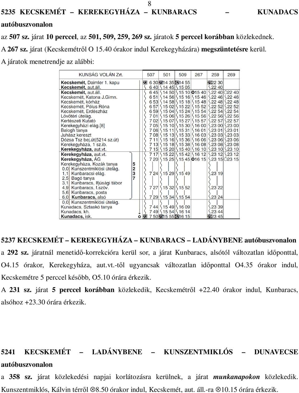 járatnál menetidı-korrekcióra kerül sor, a járat Kunbaracs, alsótól változatlan idıponttal, O4.15 órakor, Kerekegyháza, aut.vt.-tıl ugyancsak változatlan idıponttal O4.