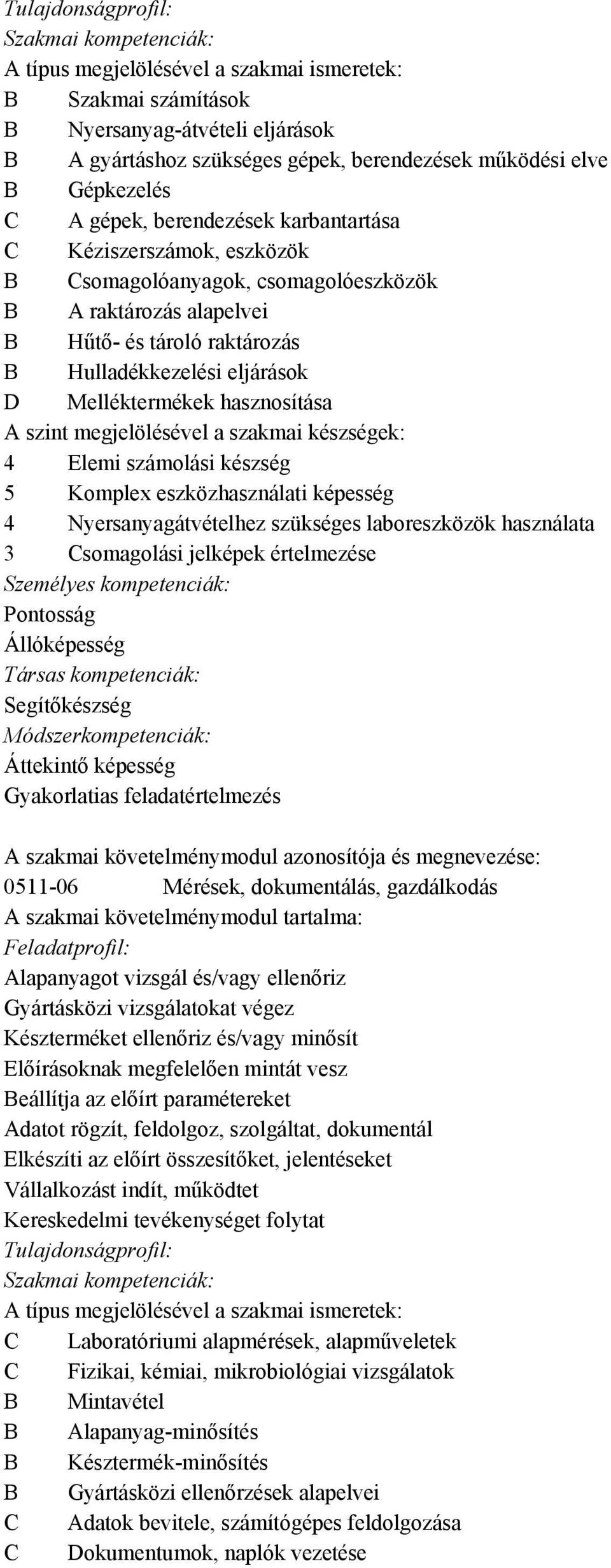 eszközhasználati képesség 4 Nyersanyagátvételhez szükséges laboreszközök használata 3 Csomagolási jelképek értelmezése Pontosság Állóképesség Társas kompetenciák: Segítőkészség Áttekintő képesség