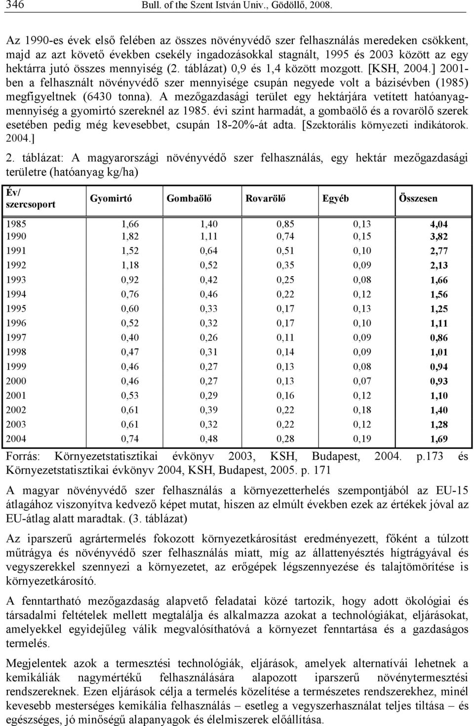 mennyiség (2. táblázat) 0,9 és 1,4 között mozgott. [KSH, 2004.] 2001- ben a felhasznált növényvédı szer mennyisége csupán negyede volt a bázisévben (1985) megfigyeltnek (6430 tonna).