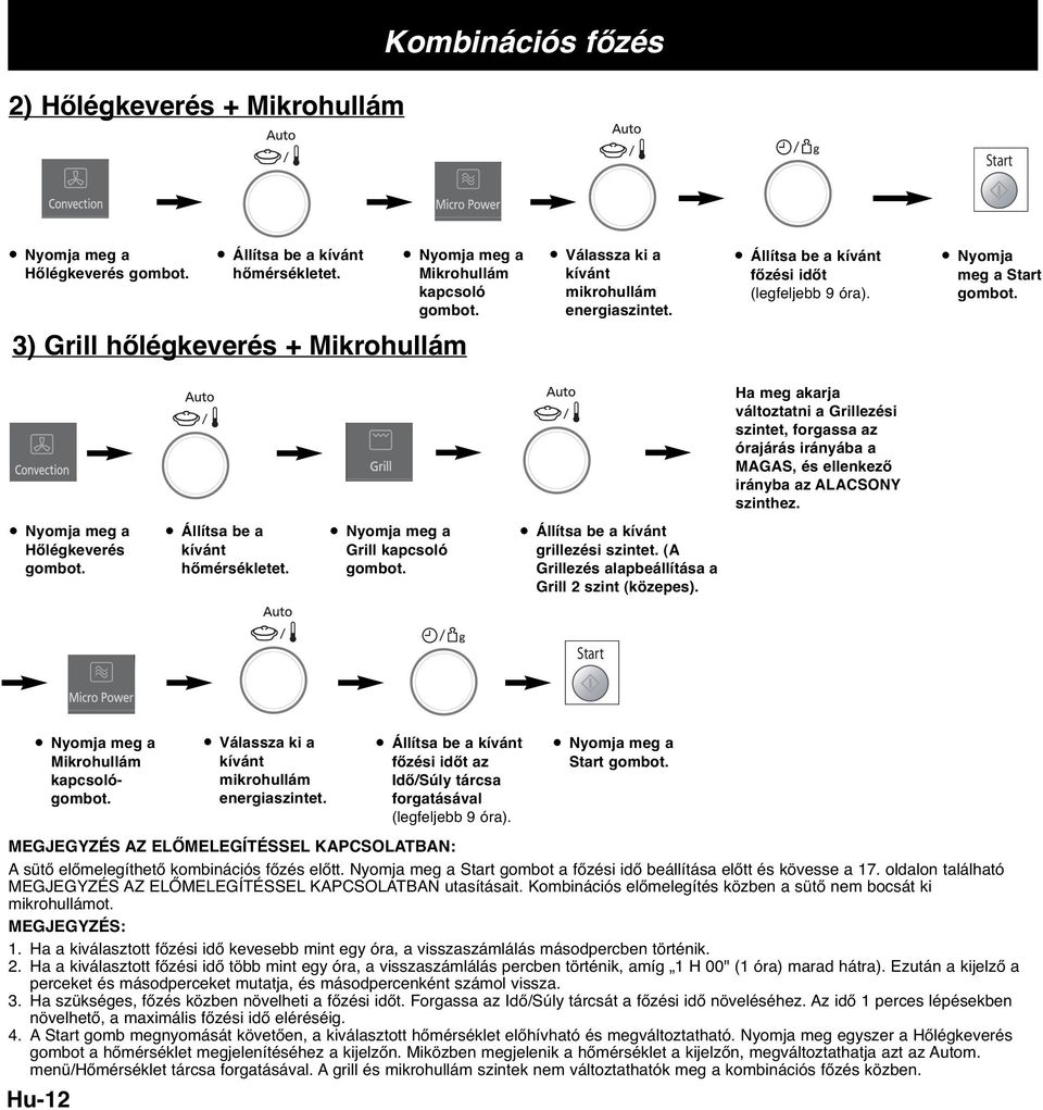 3) Grill hőlégkeverés + Mikrohullám Ha meg akarja változtatni a Grillezési szintet, forgassa az órajárás irányába a MAGAS, és ellenkező irányba az ALACSONY szinthez. Hőlégkeverés gombot.