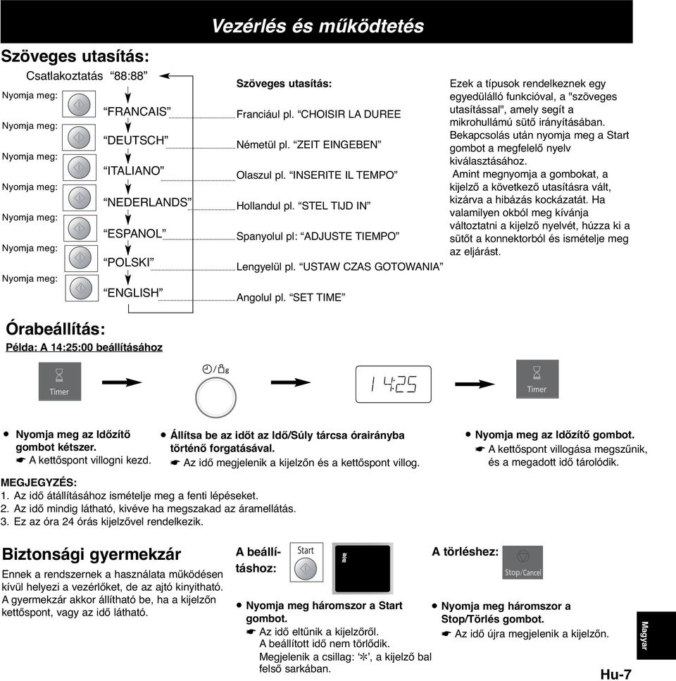USTAW CZAS GOTOWANIA Angolul pl. SET TIME Ezek a típusok rendelkeznek egy egyedülálló funkcióval, a "szöveges utasítással", amely segít a mikrohullámú sütő irányításában.