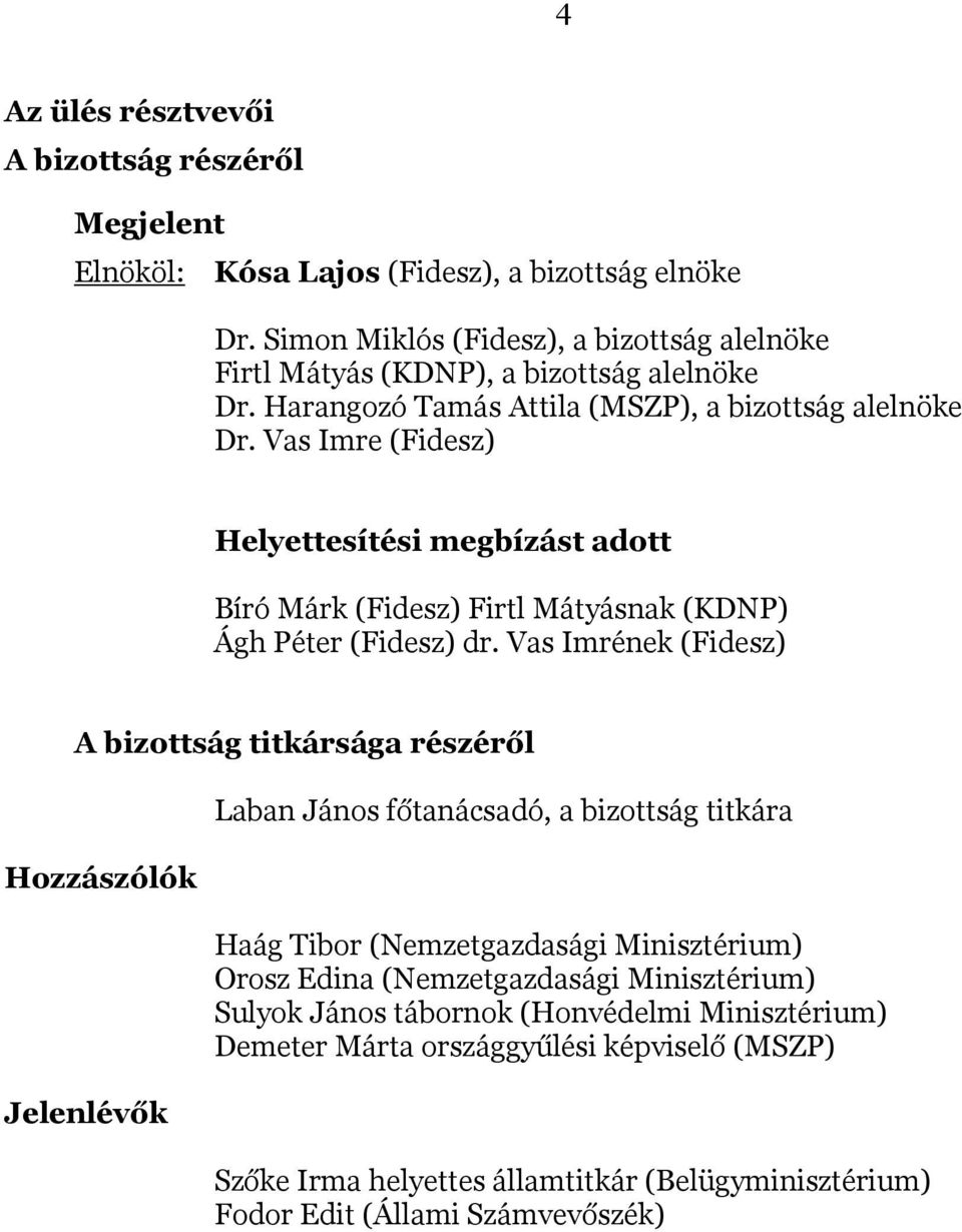 Vas Imre (Fidesz) Helyettesítési megbízást adott Bíró Márk (Fidesz) Firtl Mátyásnak (KDNP) Ágh Péter (Fidesz) dr.