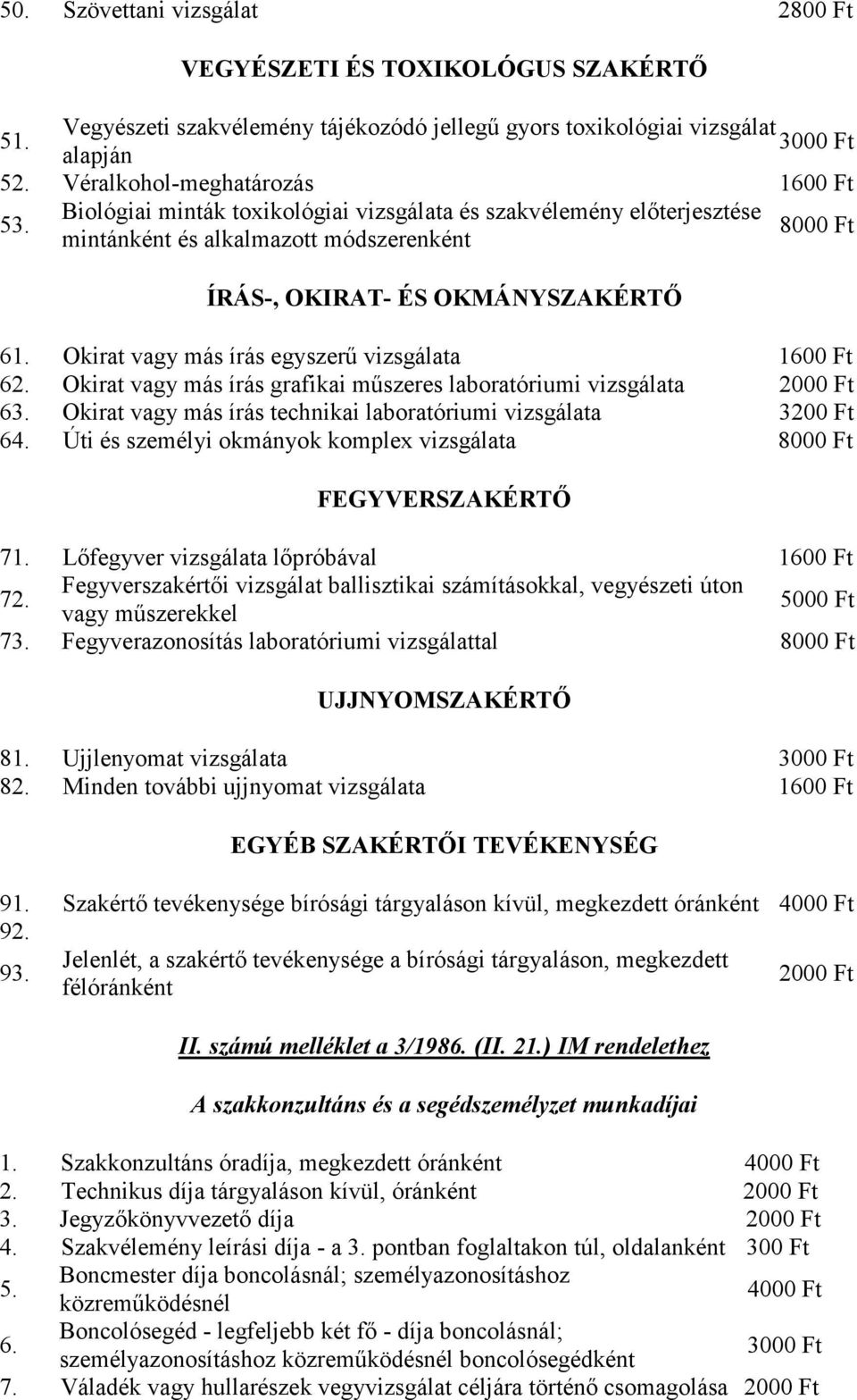 Okirat vagy más írás egyszerő vizsgálata 1600 Ft 62. Okirat vagy más írás grafikai mőszeres laboratóriumi vizsgálata 2000 Ft 63. Okirat vagy más írás technikai laboratóriumi vizsgálata 3200 Ft 64.