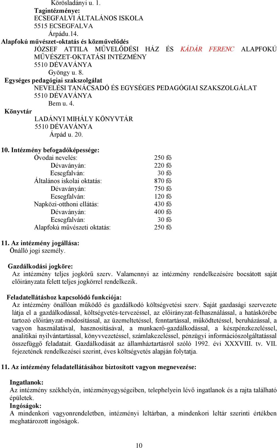 Egységes pedagógiai szakszlgálat NEVELÉSI TANÁCSADÓ ÉS EGYSÉGES PEDAGÓGIAI SZAKSZOLGÁLAT 5510 DÉVAVÁNYA Bem u. 4. Könyvtár LADÁNYI MIHÁLY KÖNYVTÁR 5510 DÉVAVÁNYA Árpád u. 20. 10.