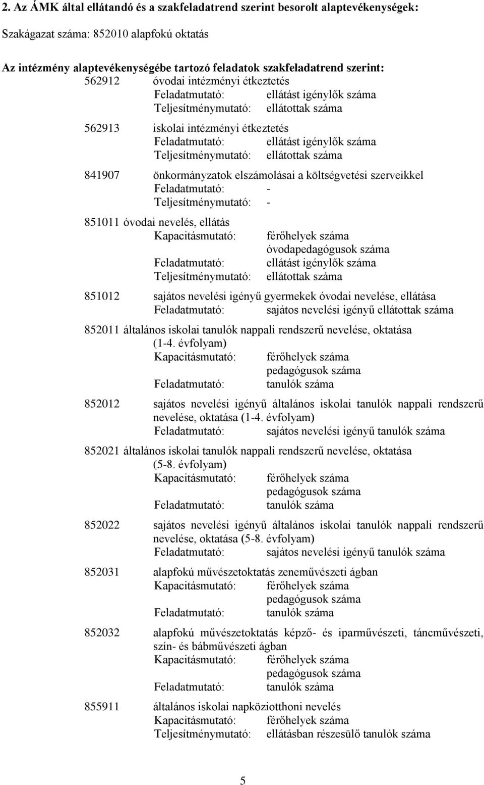 Teljesítménymutató: ellátttak száma 841907 önkrmányzatk elszámlásai a költségvetési szerveikkel Feladatmutató: - Teljesítménymutató: - 851011 óvdai nevelés, ellátás Kapacitásmutató: Feladatmutató: