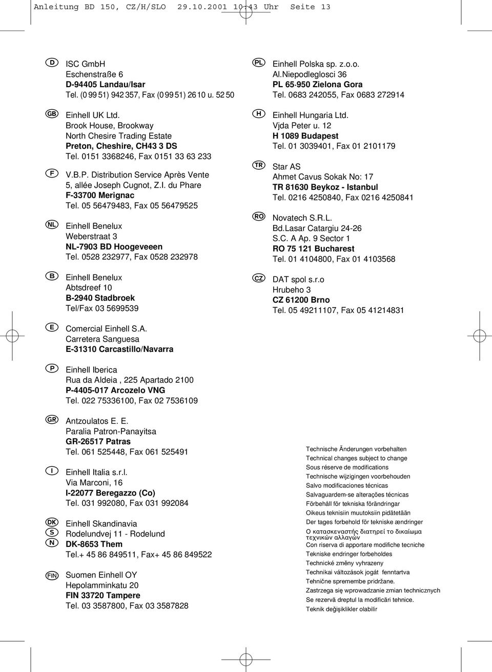 du Phare F-33700 Merignac Tel. 05 56479483, Fax 05 56479525 Einhell Benelux Weberstraat 3 NL-7903 BD Hoogeveeen Tel.