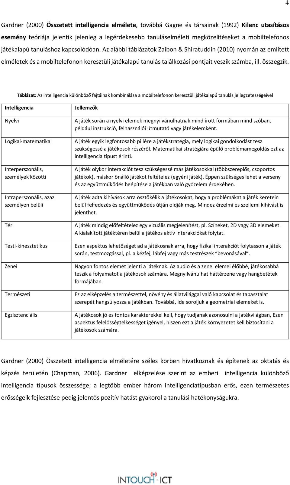 Az alábbi táblázatok Zaibon & Shiratuddin (2010) nyomán az említett elméletek és a mobiltelefonon keresztüli játékalapú tanulás találkozási pontjait veszik számba, ill. összegzik.