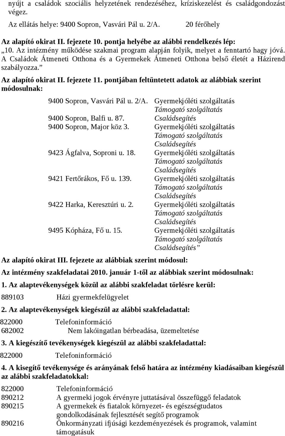 A Családok Átmeneti Otthona és a Gyermekek Átmeneti Otthona belső életét a Házirend szabályozza. Az alapító okirat II. fejezete 11.