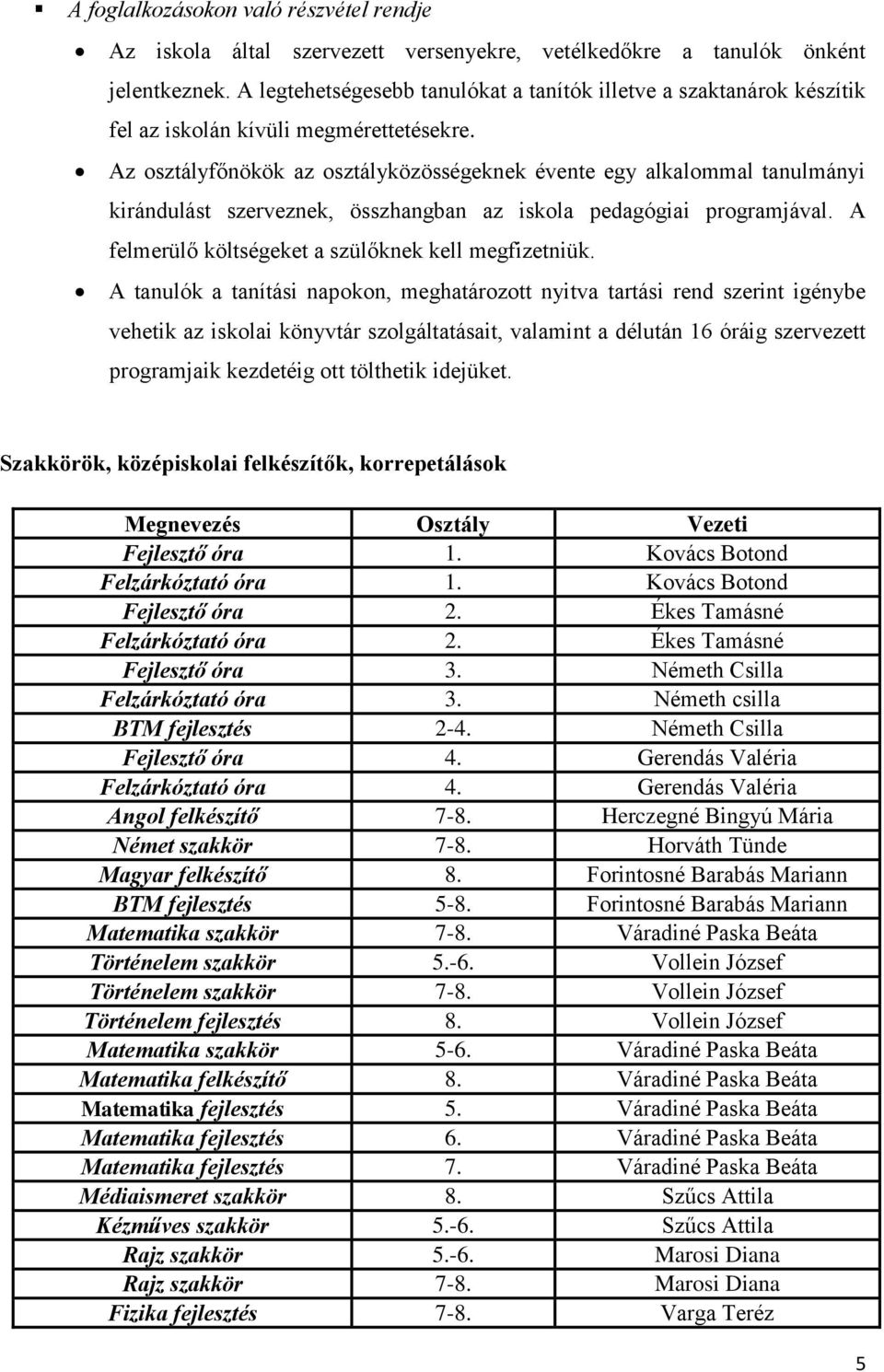 Az osztályfőnökök az osztályközösségeknek évente egy alkalommal tanulmányi kirándulást szerveznek, összhangban az iskola pedagógiai programjával. A felmerülő költségeket a szülőknek kell megfizetniük.