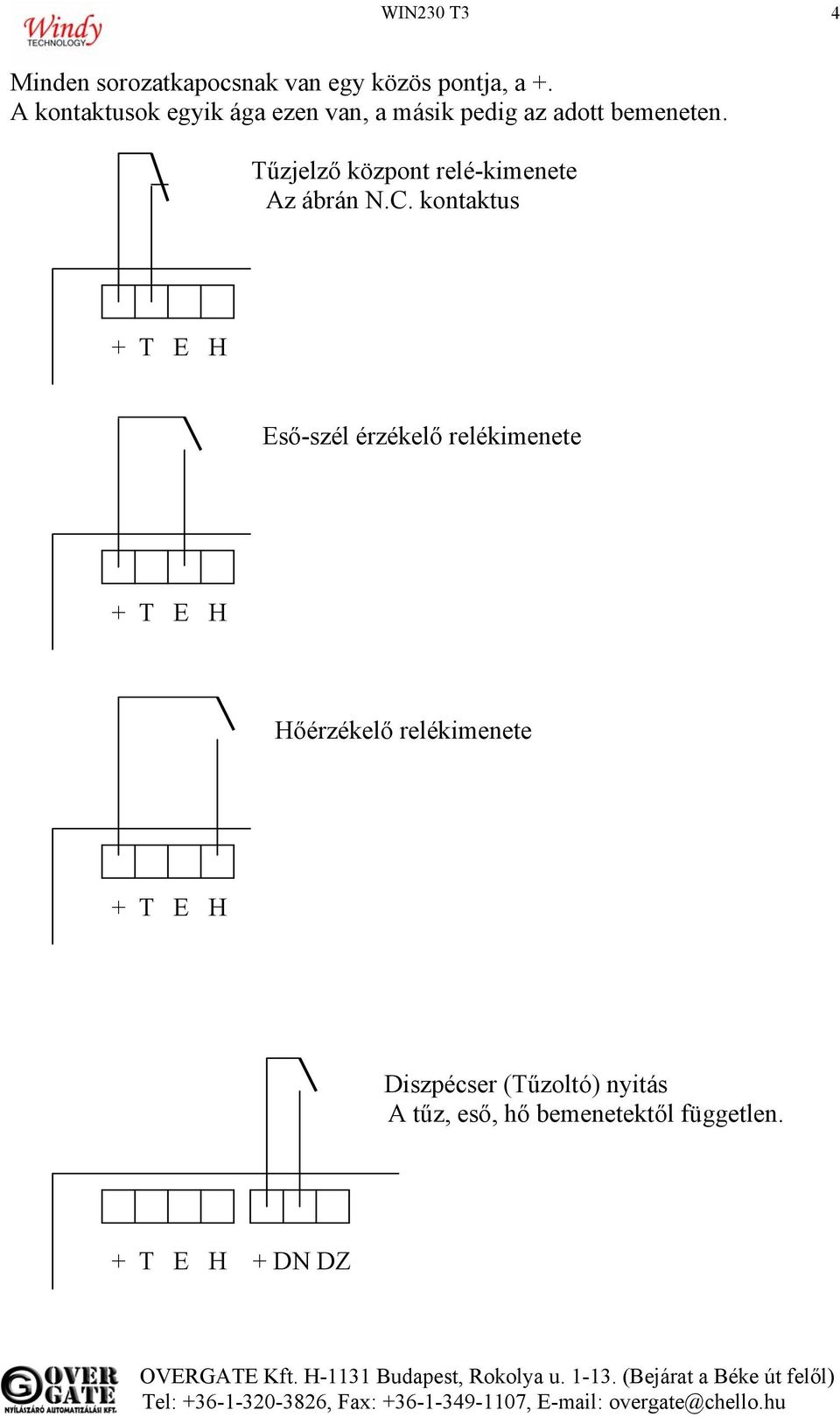 Tűzjelző központ relé-kimenete Az ábrán N.C.