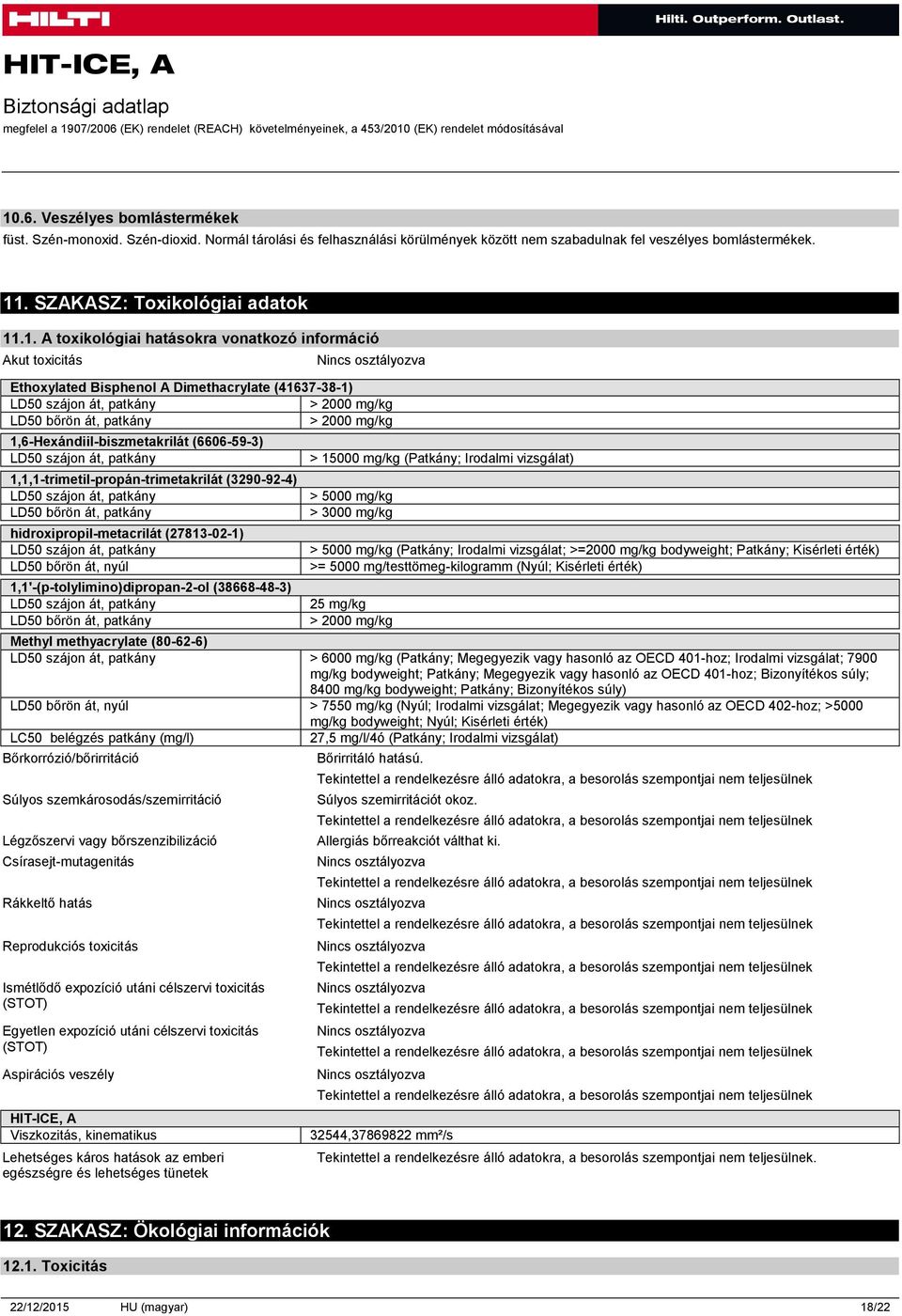 .1. A toxikológiai hatásokra vonatkozó információ Akut toxicitás Ethoxylated Bisphenol A Dimethacrylate (41637-38-1) LD50 szájon át, patkány > 2000 mg/kg LD50 bőrön át, patkány > 2000 mg/kg