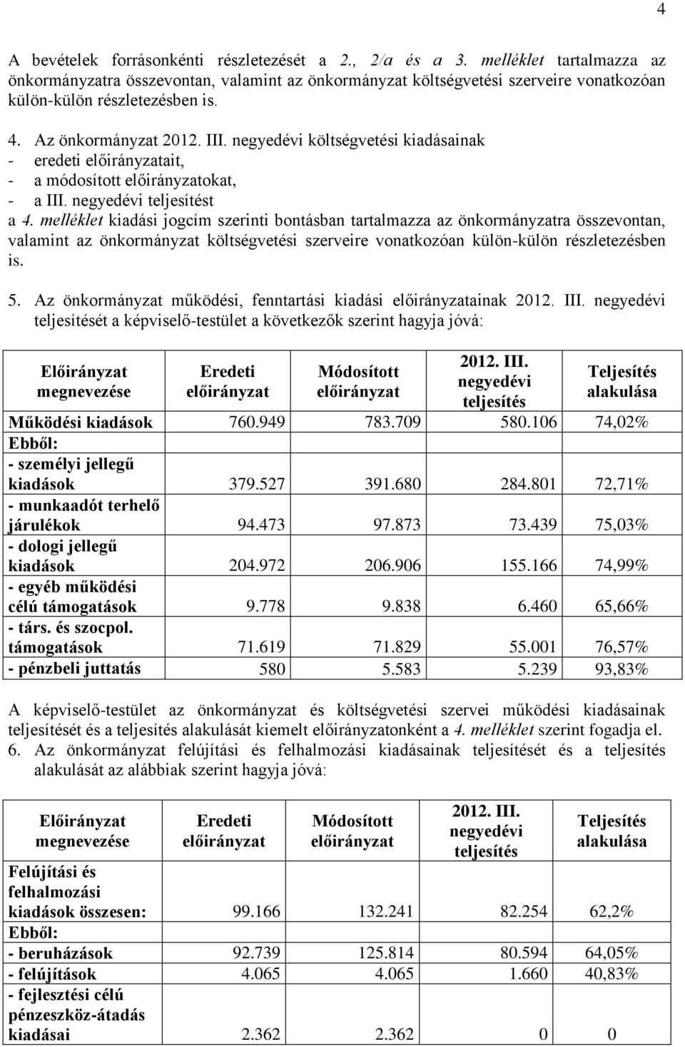 negyedévi költségvetési kiadásainak - eredeti előirányzatait, - a módosított előirányzatokat, - a III. negyedévi teljesítést a 4.