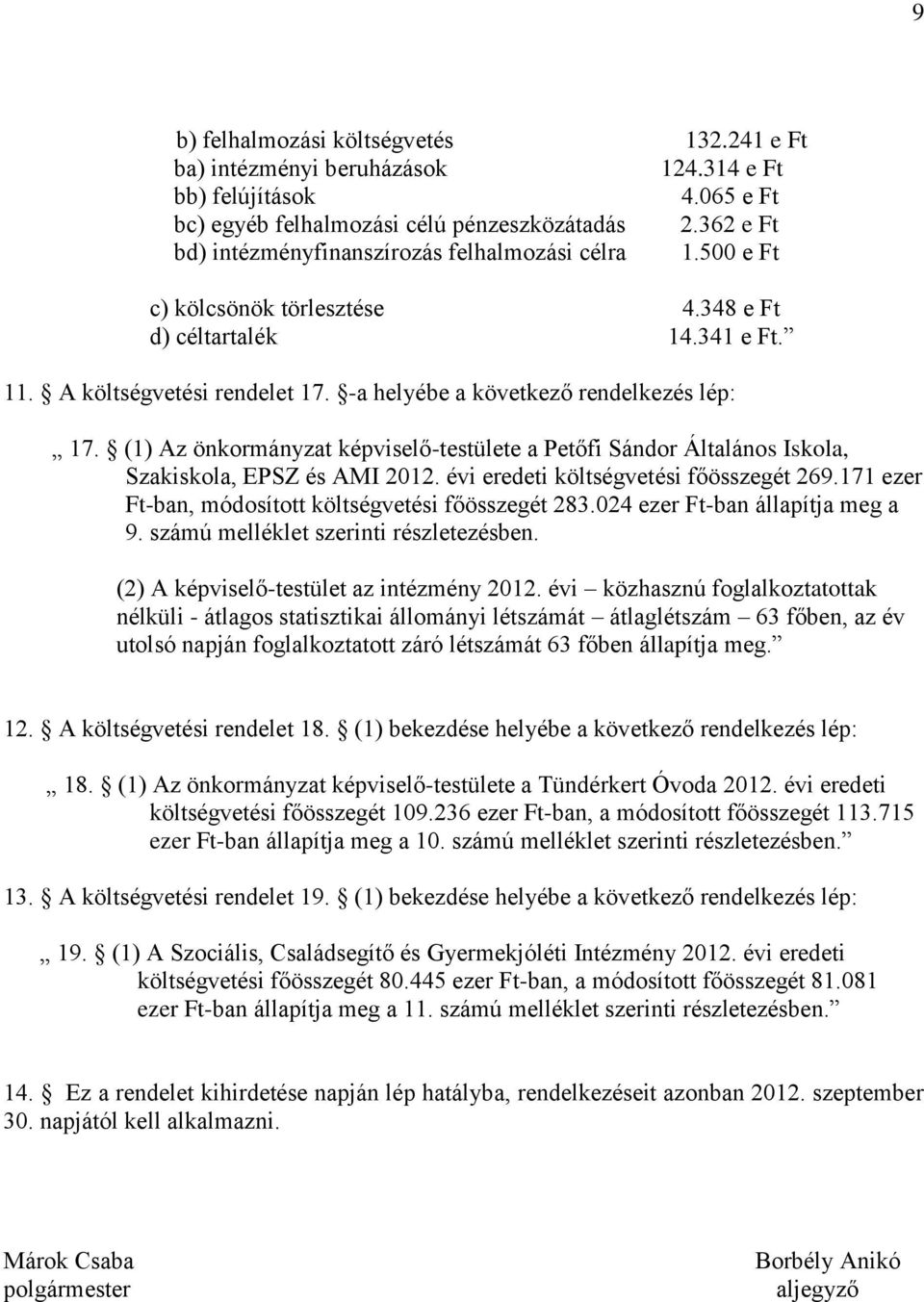 -a helyébe a következő rendelkezés lép: 17. (1) Az önkormányzat képviselő-testülete a Petőfi Sándor Általános Iskola, Szakiskola, EPSZ és AMI 2012. évi eredeti költségvetési főösszegét 269.