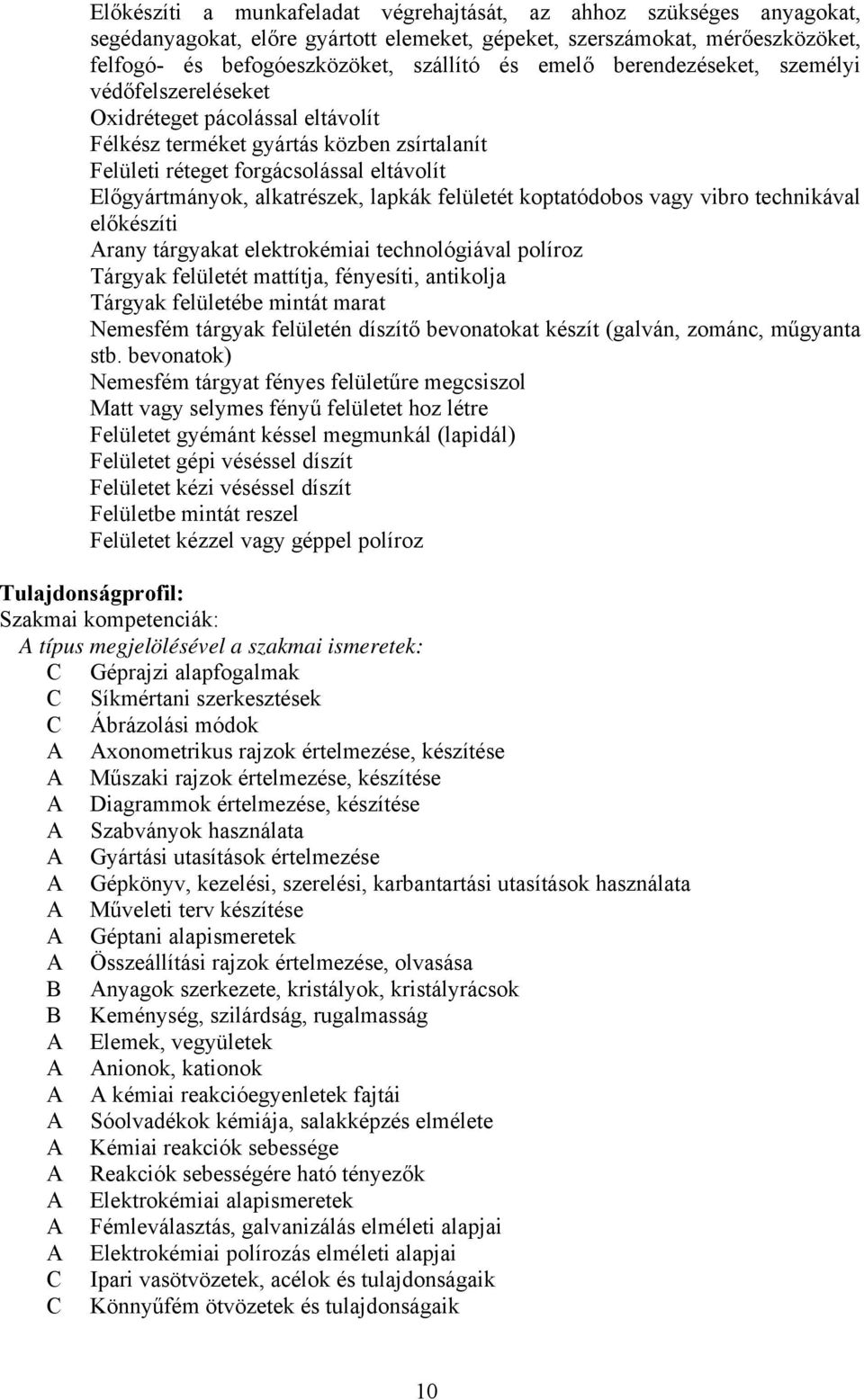 felületét koptatódobos vagy vibro technikával előkészíti rany tárgyakat elektrokémiai technológiával políroz Tárgyak felületét mattítja, fényesíti, antikolja Tárgyak felületébe mintát marat Nemesfém