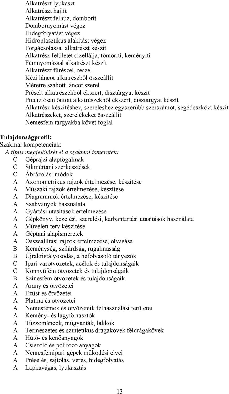 Precíziósan öntött alkatrészekből ékszert, dísztárgyat készít lkatrész készítéshez, szereléshez egyszerűbb szerszámot, segédeszközt készít lkatrészeket, szerelékeket összeállít Nemesfém tárgyakba