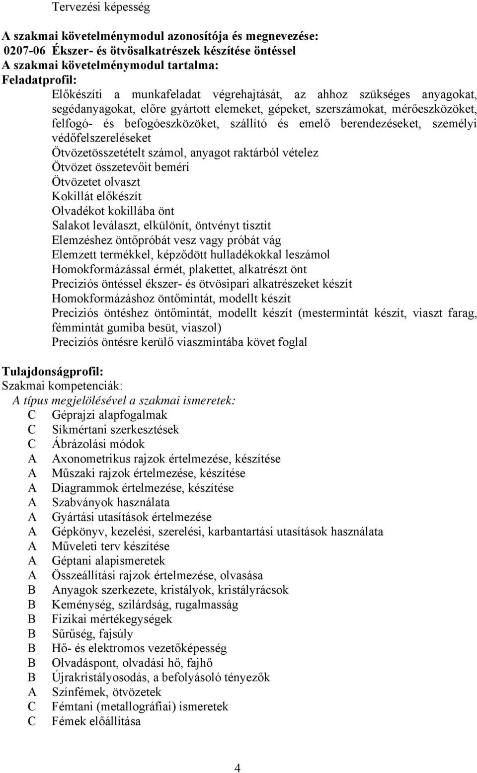 berendezéseket, személyi védőfelszereléseket Ötvözetösszetételt számol, anyagot raktárból vételez Ötvözet összetevőit beméri Ötvözetet olvaszt Kokillát előkészít Olvadékot kokillába önt Salakot