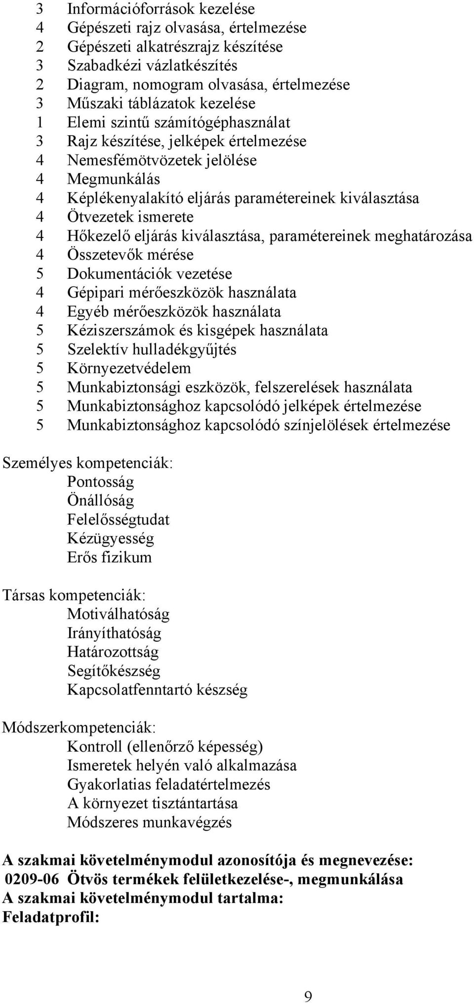 ismerete 4 Hőkezelő eljárás kiválasztása, paramétereinek meghatározása 4 Összetevők mérése 5 Dokumentációk vezetése 4 Gépipari mérőeszközök használata 4 Egyéb mérőeszközök használata 5 Kéziszerszámok