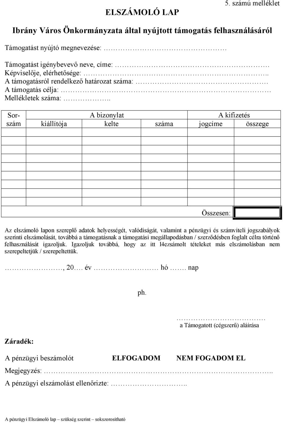 . Sorszám A bizonylat A kifizetés kiállítója kelte száma jogcíme összege Összesen: Az elszámoló lapon szereplő adatok helyességét, valódiságát, valamint a pénzügyi és számviteli jogszabályok szerinti