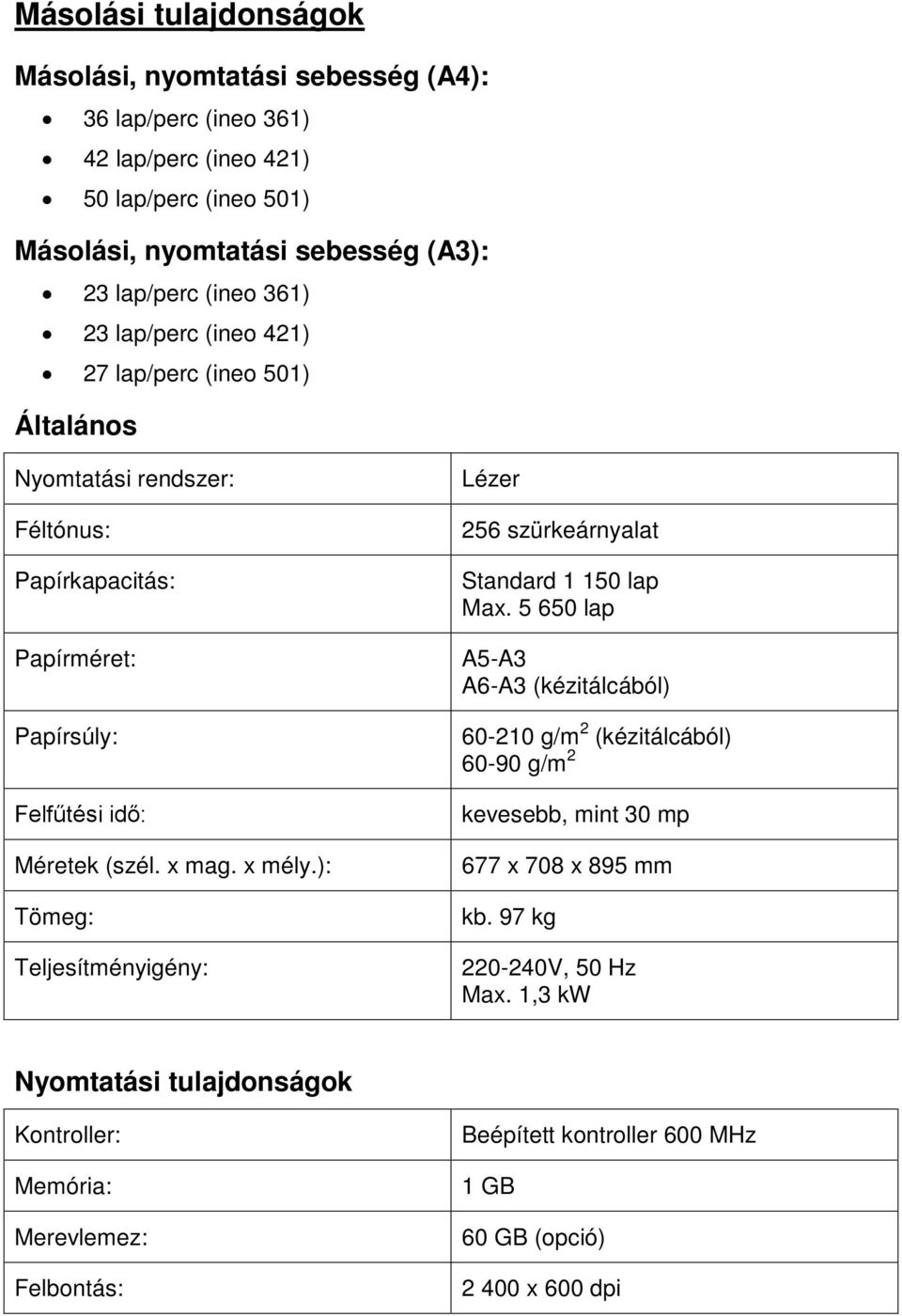 x mély.): Tömeg: Teljesítményigény: Lézer 256 szürkeárnyalat Standard 1 150 lap Max.
