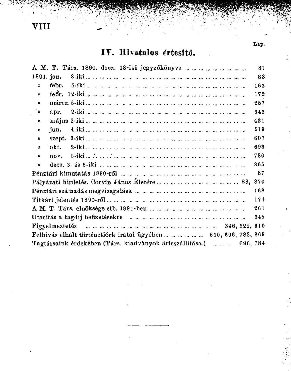 Corvin Jânos Életére 88, 870 Pénztâri szâmadâs megvizsgâlâsa 168 Titkâri jelentés 1890-rôl 174 A M. T. Târs. elnôksége stb.