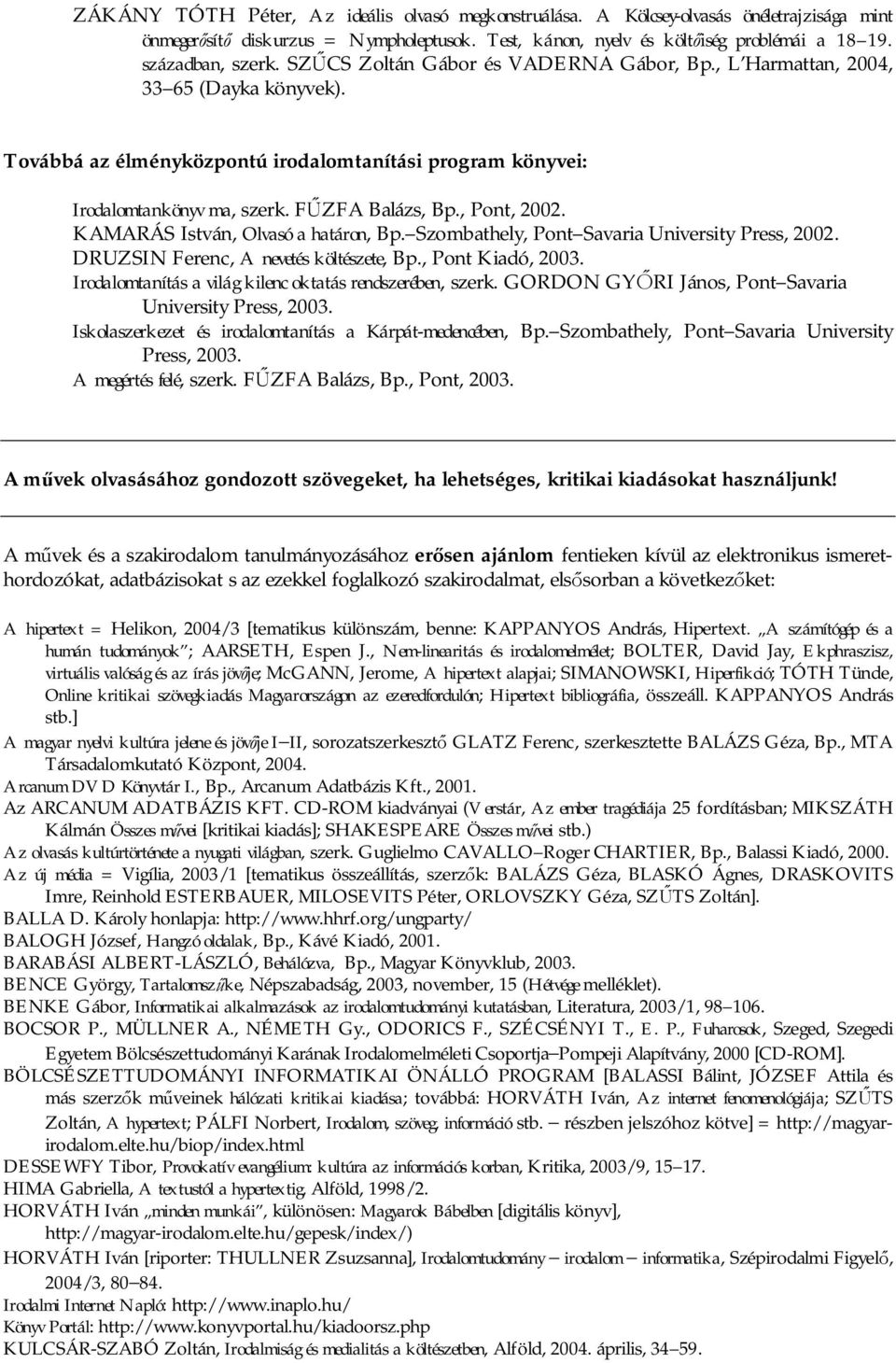 F ZFA Balázs, Bp., Pont, 2002. KAMARÁS István, Olvasó a határon, Bp. Szombathely, Pont Savaria University Press, 2002. DRUZSIN Ferenc, A nevetés költészete, Bp., Pont Kiadó, 2003.