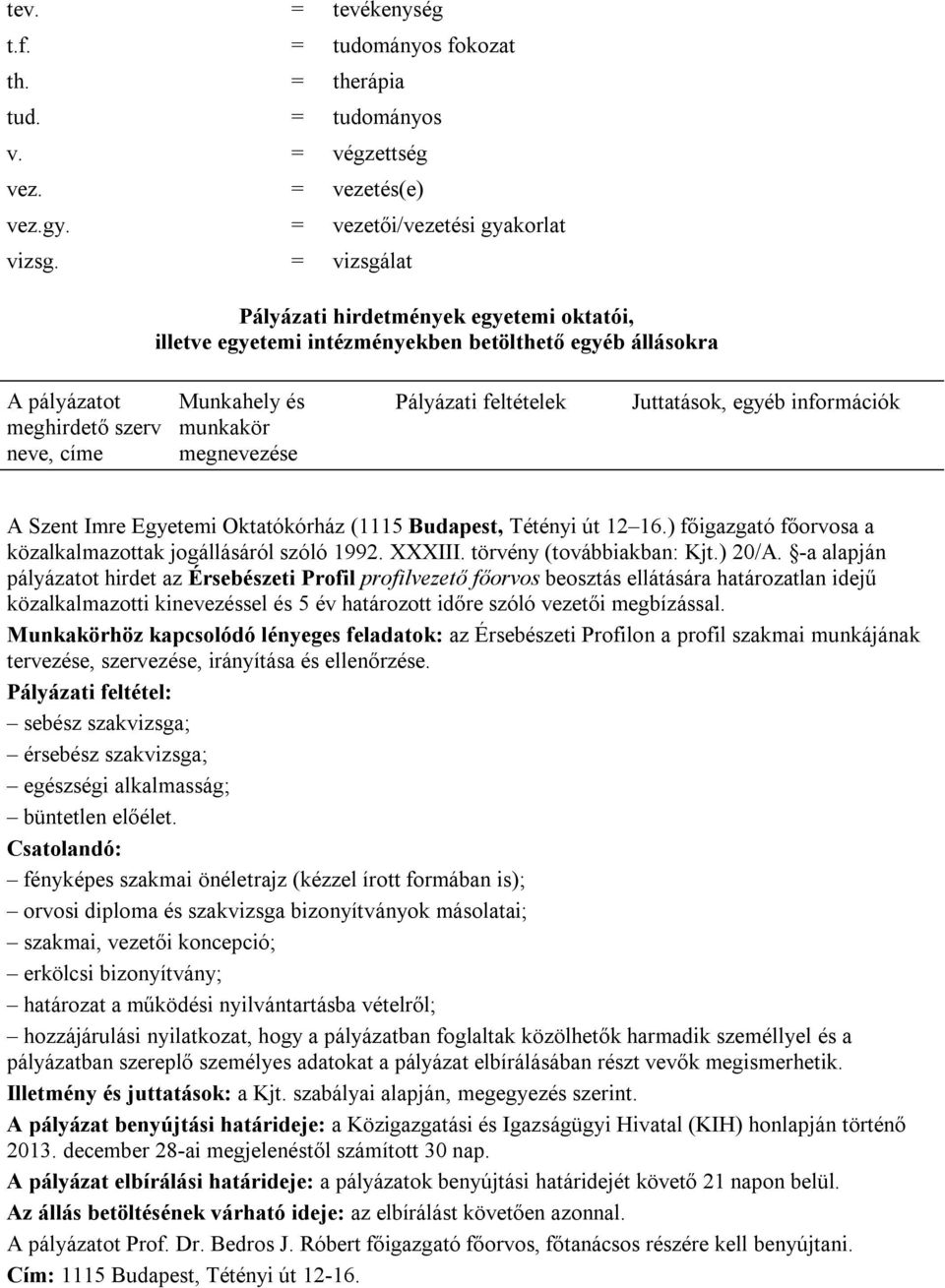 feltételek Juttatások, egyéb információk A Szent Imre Egyetemi Oktatókórház (1115 Budapest, Tétényi út 12 16.) főigazgató főorvosa a közalkalmazottak jogállásáról szóló 1992. XXXIII.