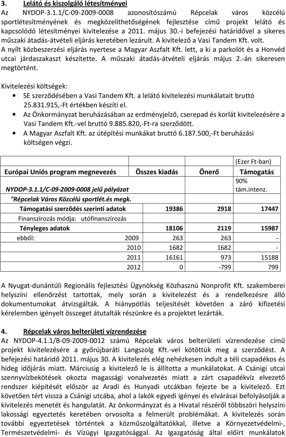 -i befejezési határidővel a sikeres műszaki átadás-átvételi eljárás keretében lezárult. A kivitelező a Vasi Tandem Kft. volt. A nyílt közbeszerzési eljárás nyertese a Magyar Aszfalt Kft.