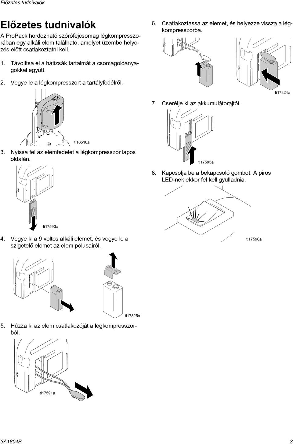 ti17824a 7. Cserélje ki az akkumulátorajtót. ti16510a 3. Nyissa fel az elemfedelet a légkompresszor lapos oldalán. ti17595a 8. Kapcsolja be a bekapcsoló gombot.