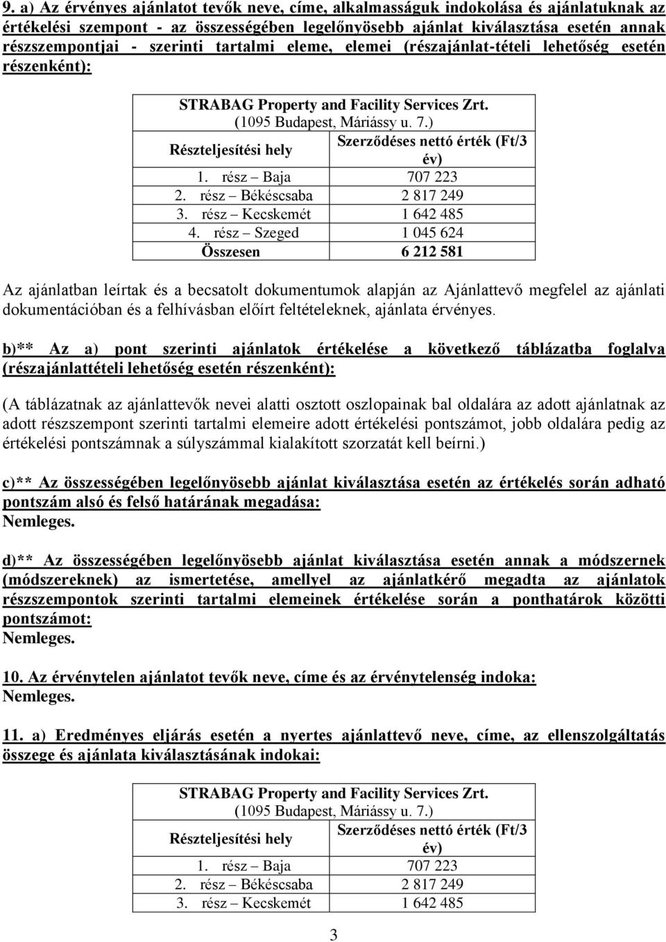 ) Részteljesítési hely Szerződéses nettó érték (Ft/3 év) 1. rész Baja 707 223 2. rész Békéscsaba 2 817 249 3. rész Kecskemét 1 642 485 4.