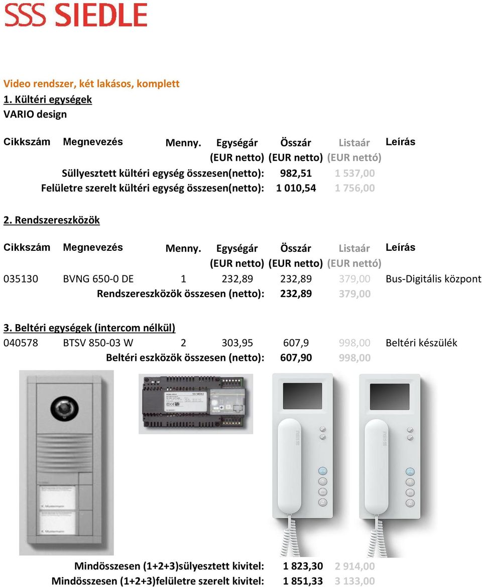 379,00 Bus-Digitális központ Rendszereszközök összesen (netto): 232,89 379,00 040578 BTSV 850-03 W 2