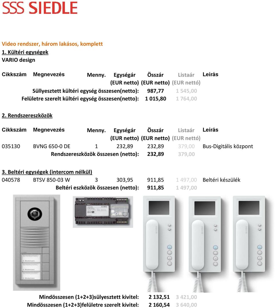 379,00 Bus-Digitális központ Rendszereszközök összesen (netto): 232,89 379,00 040578 BTSV 850-03 W 3 303,95