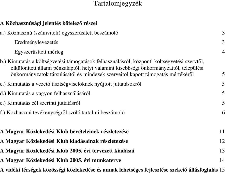 társulásától és mindezek szerveitől kapott támogatás mértékéről 5 c.) Kimutatás a vezető tisztségviselőknek nyújtott juttatásokról 5 d.) Kimutatás a vagyon felhasználásáról 5 e.