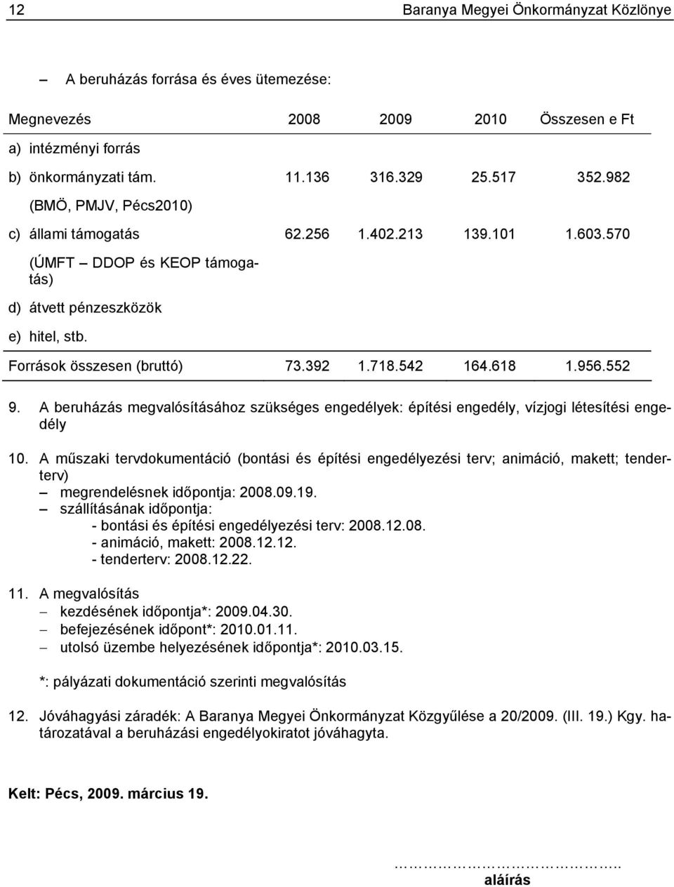 618 1.956.552 9. A beruházás megvalósításához szükséges engedélyek: építési engedély, vízjogi létesítési engedély 10.