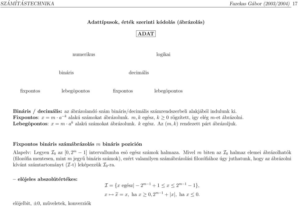 Lebegôpontos: x = m a k alakú számokat ábrázolunk. k egész. Az (m, k) rendezett párt ábrázoljuk.