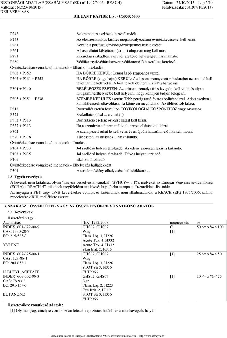 P271 Kizárólag szabadban vagy jól szellőző helyiségben használható. P280 Védőkesztyű/védőruha/szemvédő/arcvédő használata kötelező.