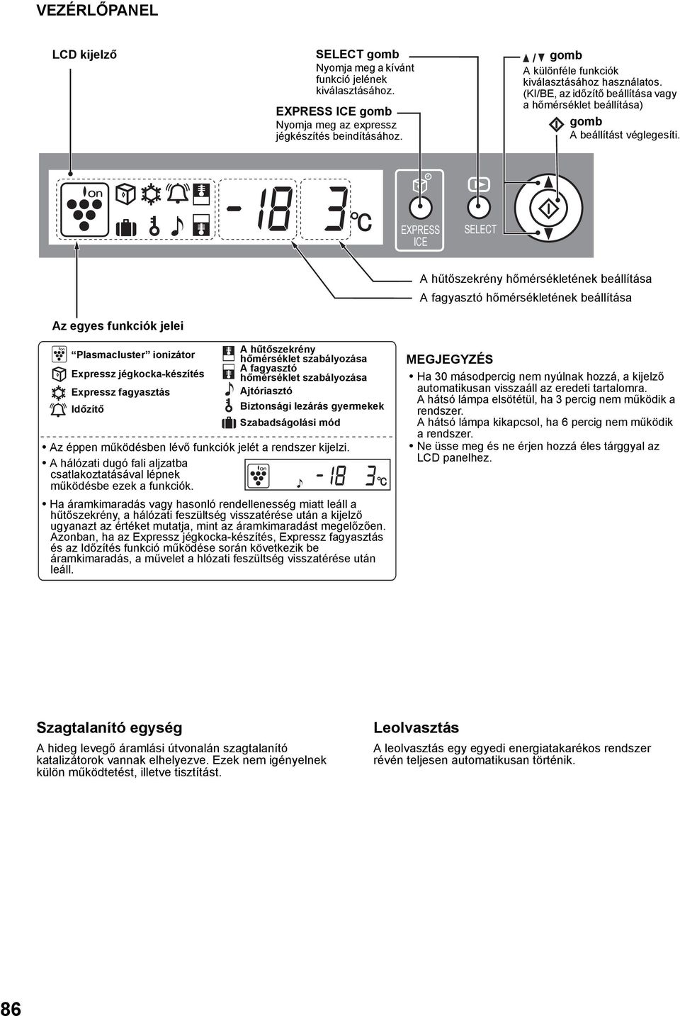 EXPRESS ICE SELECT A hűtőszekrény hőmérsékletének beállítása A fagyasztó hőmérsékletének beállítása Az egyes funkciók jelei Plasmacluster ionizátor Expressz jégkocka-készítés Expressz fagyasztás