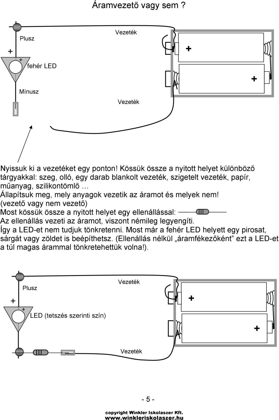 vezetik az áramot és melyek nem! (vezető vagy nem vezető) Most kössük össze a nyitott helyet egy ellenállással: Az ellenállás vezeti az áramot, viszont némileg legyengíti.