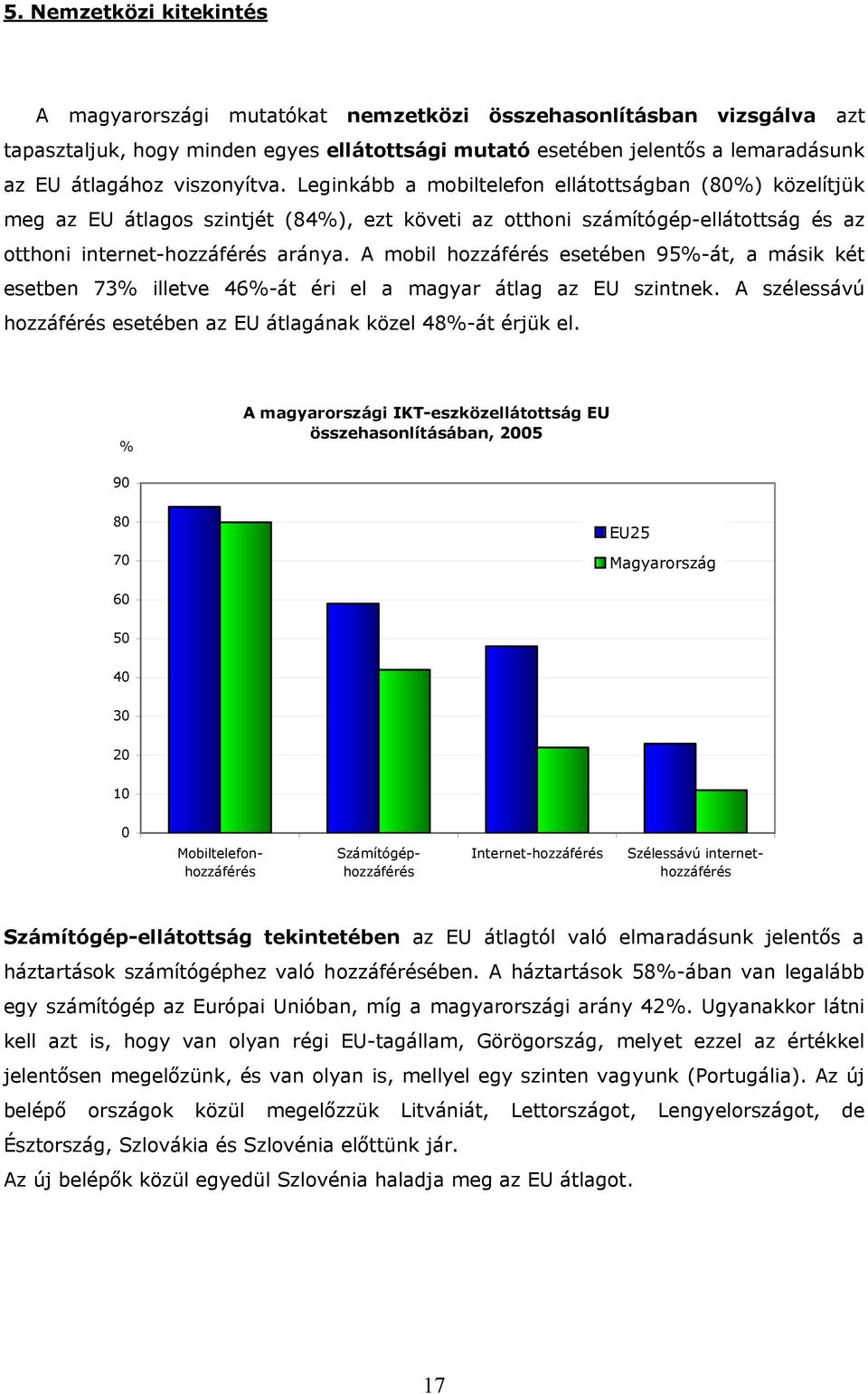 A mobil hozzáférés esetében 95%-át, a másik két esetben 73% illetve 46%-át éri el a magyar átlag az EU szintnek. A szélessávú hozzáférés esetében az EU átlagának közel 48%-át érjük el.