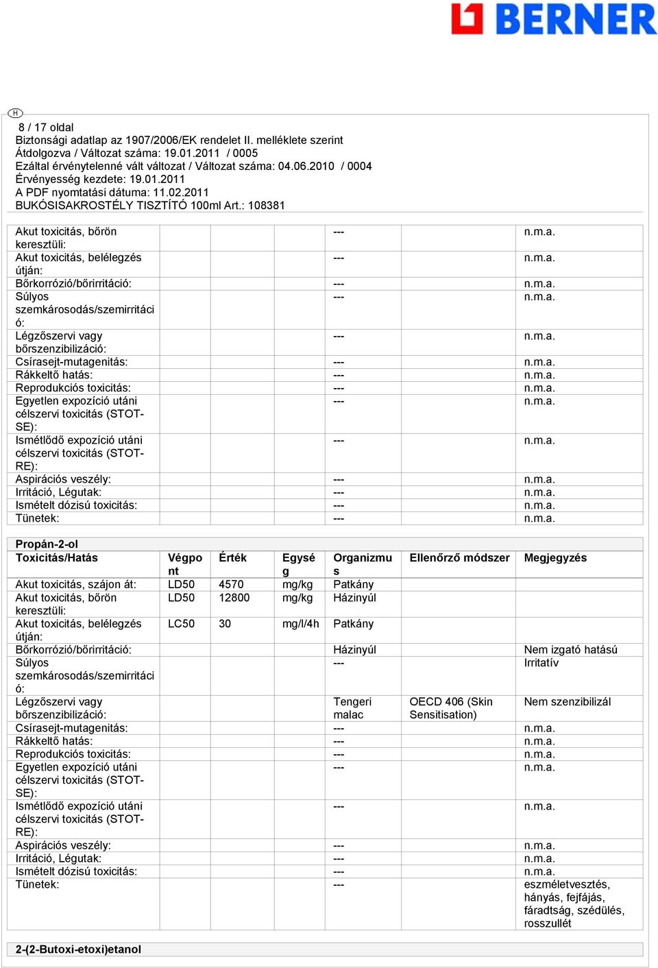 Légutak: --- Ismételt dózisú toxicitás: --- Tünetek: --- Propán-2-ol Toxicitás/Hatás Végpo Érték Egysé Organizmu Ellenőrző módszer Megjegyzés nt g s Akut toxicitás, szájon át: LD50 4570 mg/kg Patkány