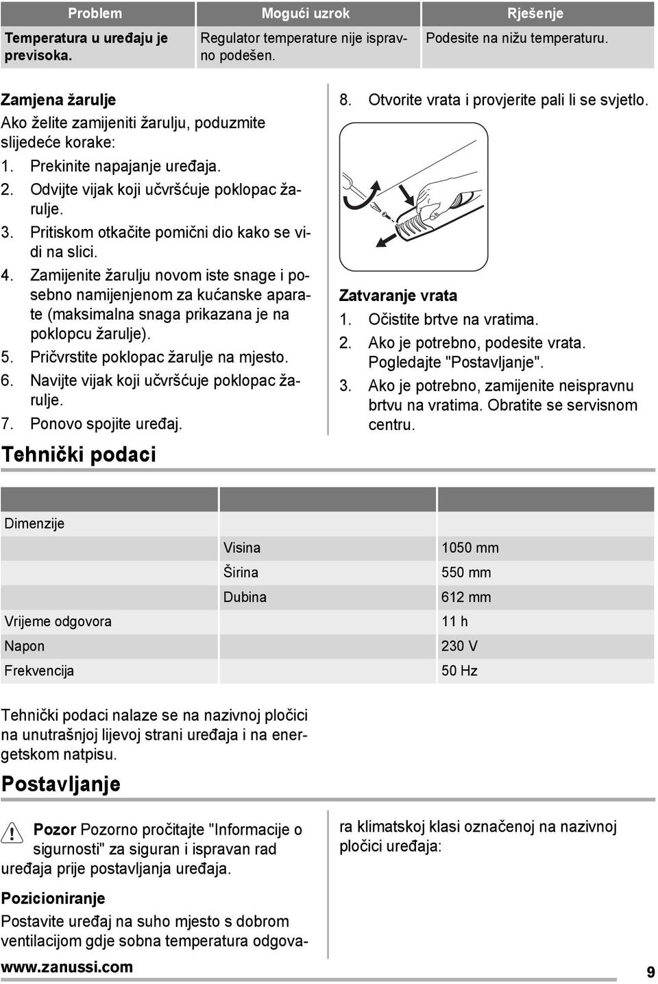 Pritiskom otkačite pomični dio kako se vidi na slici. 4. Zamijenite žarulju novom iste snage i posebno namijenjenom za kućanske aparate (maksimalna snaga prikazana je na poklopcu žarulje). 5.