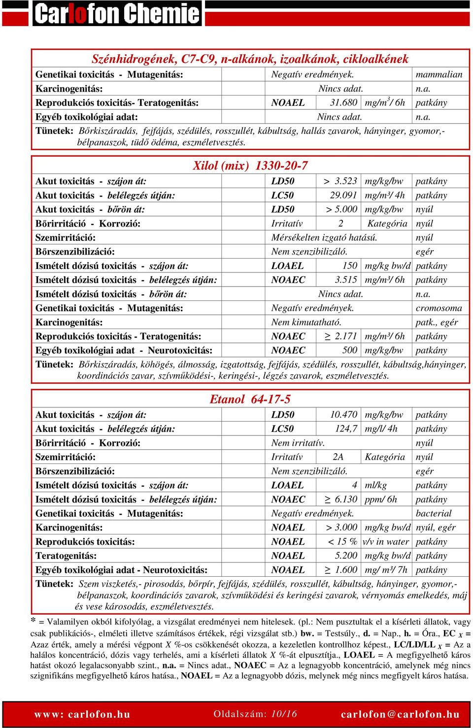 Xilol (mix) 1330-20-7 Akut toxicitás - szájon át: LD50 > 3.523 mg/kg/bw patkány Akut toxicitás - belélegzés útján: LC50 29.091 mg/m³/ 4h patkány Akut toxicitás - bőrön át: LD50 > 5.