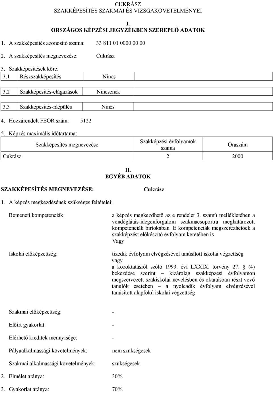 Képzés maximális időtartama: Szakképesítés megnevezése Szakképzési évfolyamok száma Óraszám Cukrász 2 2000 II. EGYÉB ADATOK SZAKKÉPESÍTÉS MEGNEVEZÉSE: Cukrász 1.