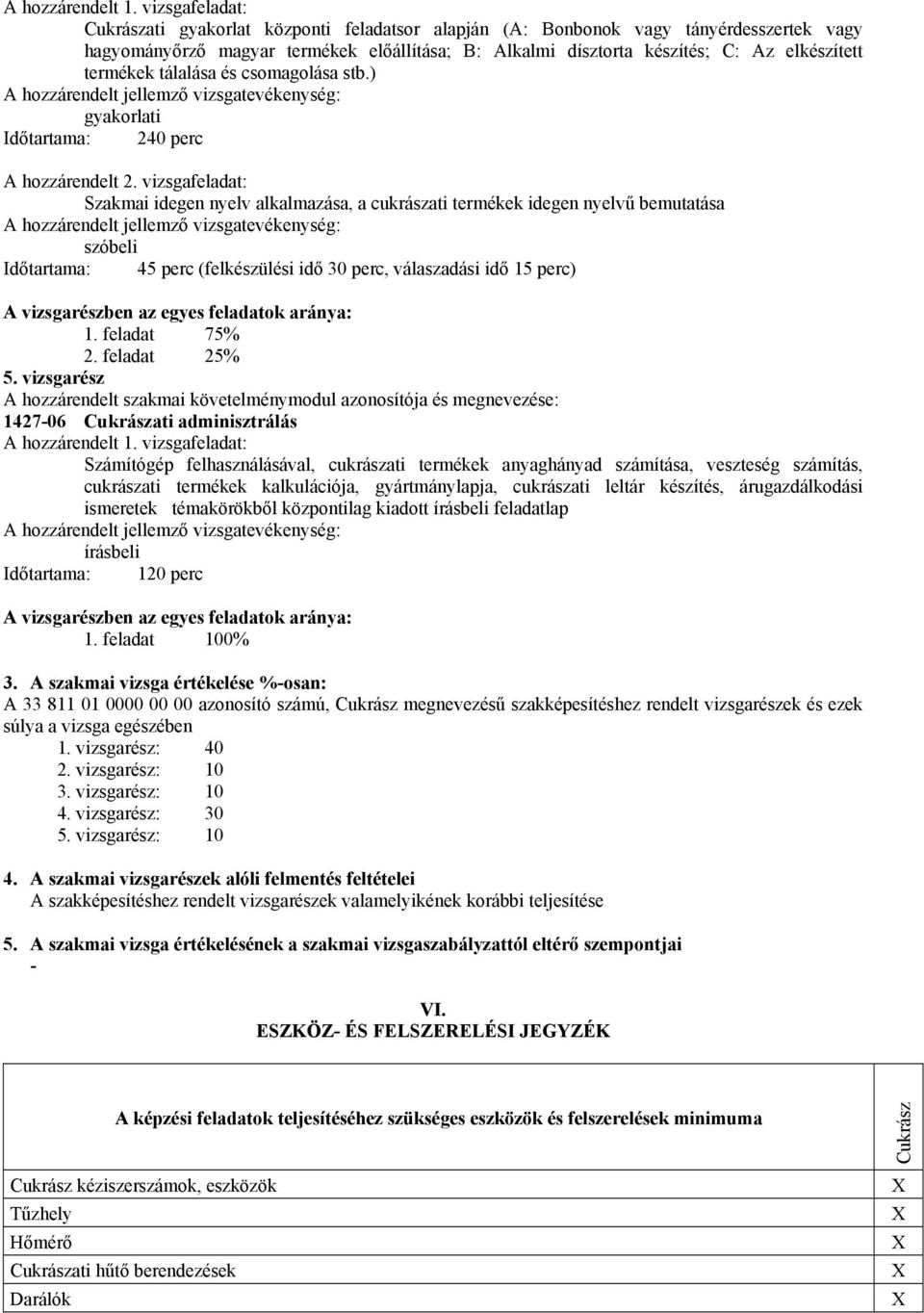 termékek tálalása és csomagolása stb.) gyakorlati Időtartama: 240 perc A hozzárendelt 2.