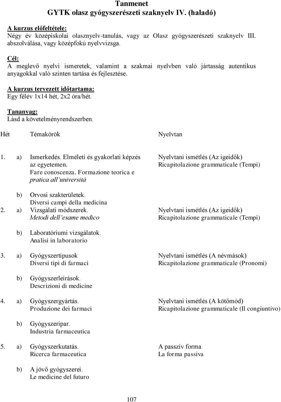 A kurzus tervezett időtartama: Egy félév 1x14 hét, 2x2 óra/hét. Tananyag: Lásd a követelményrendszerben. Hét Témakörök Nyelvtan 1. a) Ismerkedés. Elméleti és gyakorlati képzés az egyetemen.