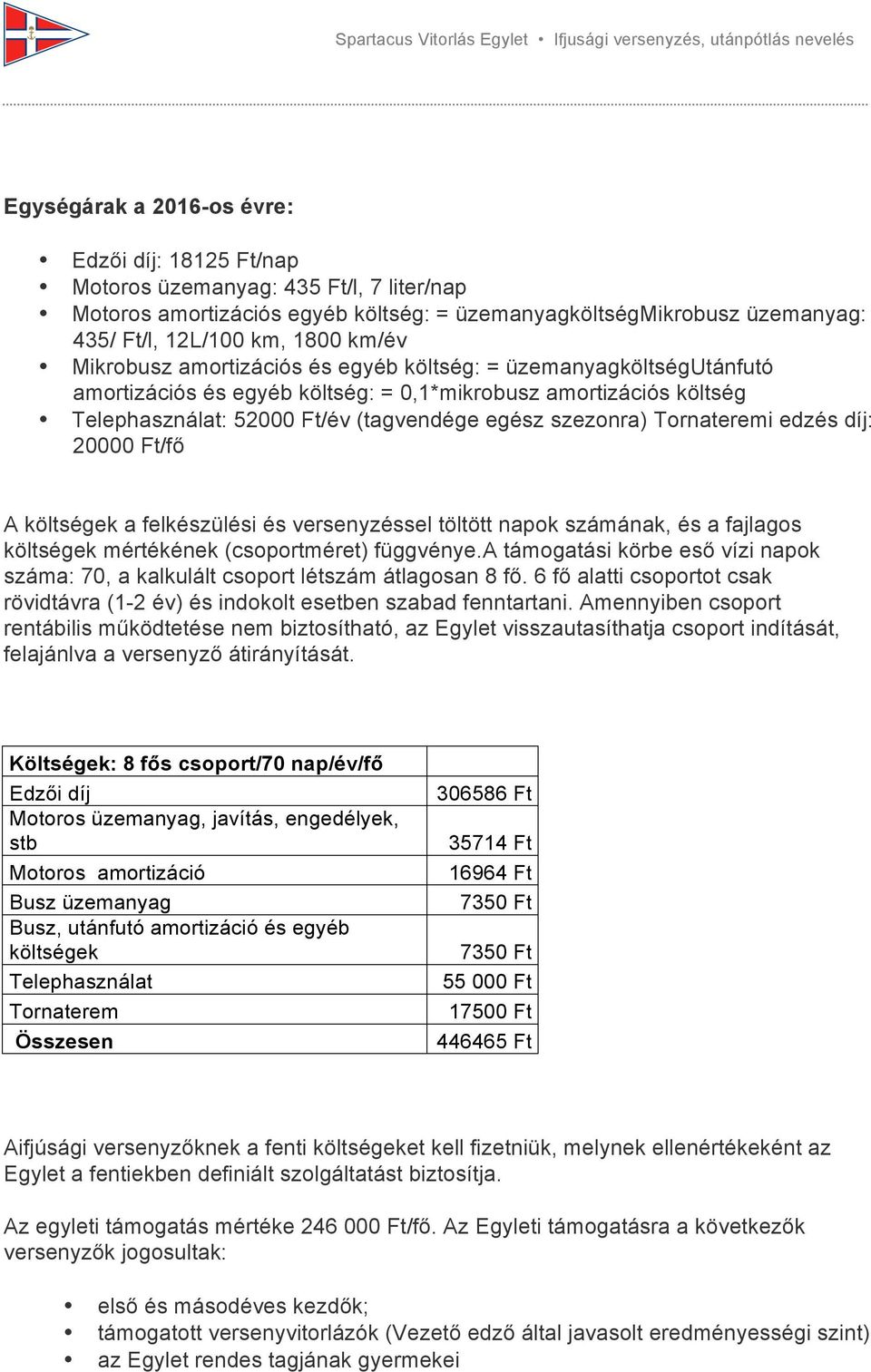 Tornateremi edzés díj: 20000 Ft/fő A költségek a felkészülési és versenyzéssel töltött napok számának, és a fajlagos költségek mértékének (csoportméret) függvénye.