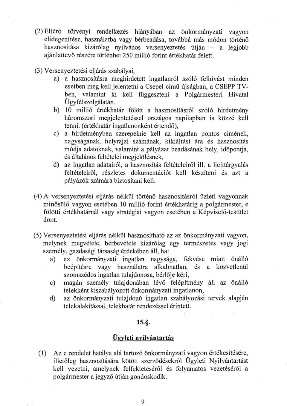 (3) Versenyeztetksi eljaris szabilyai, a) a hasznositasra meghirdetett ingatlanr61 sz616 felhivast minden esetben meg kell jelentetni a Csepel cimu ujsagban, a CSEPP TVben, valamint ki kell