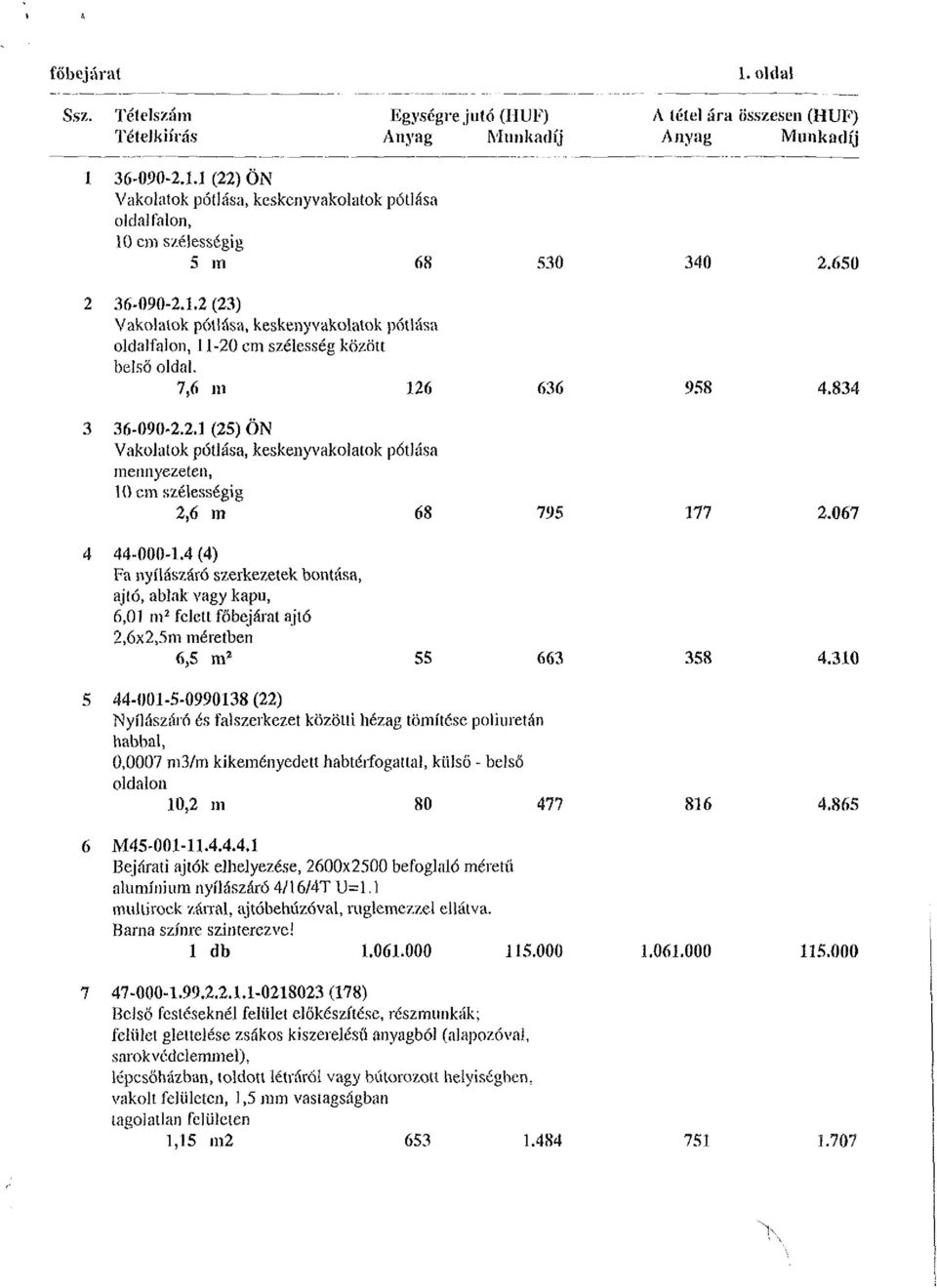 4 (4) Fa nyílászáró szerkezetek bontása, ajtó, ablak vagy kapu, 6,01 m 2 felett főbejárat ajtó 2,6x2>5m méretben 6,5 m 2 55 663 358 4.