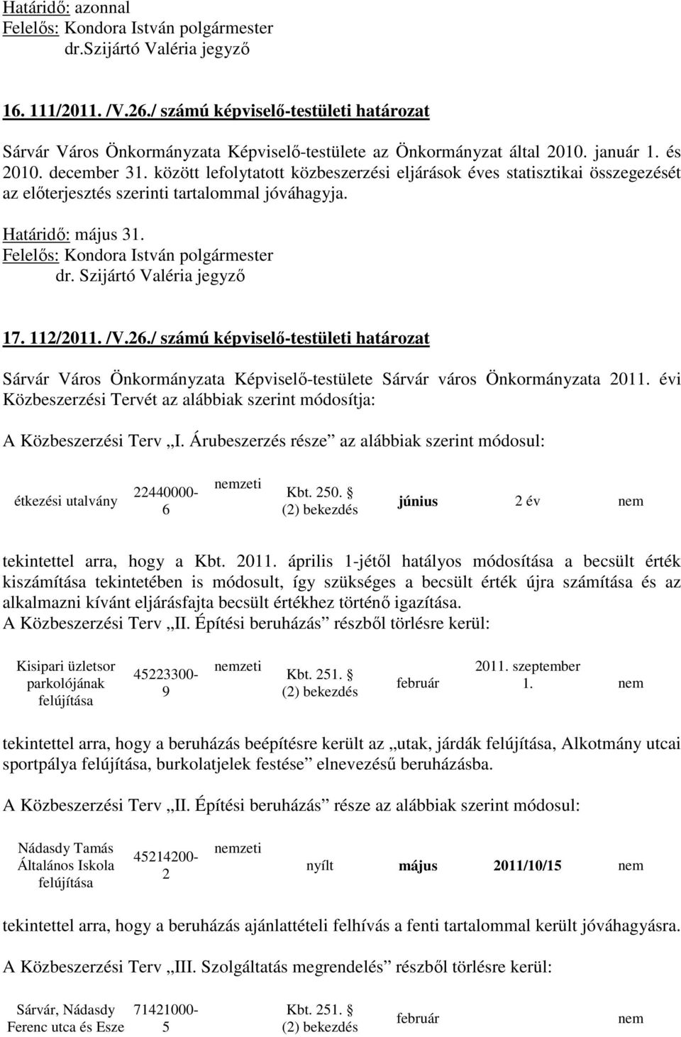 / számú képviselő-testületi határozat Sárvár Város Önkormányzata Képviselő-testülete Sárvár város Önkormányzata 2011. évi Közbeszerzési Tervét az alábbiak szerint módosítja: A Közbeszerzési Terv I.